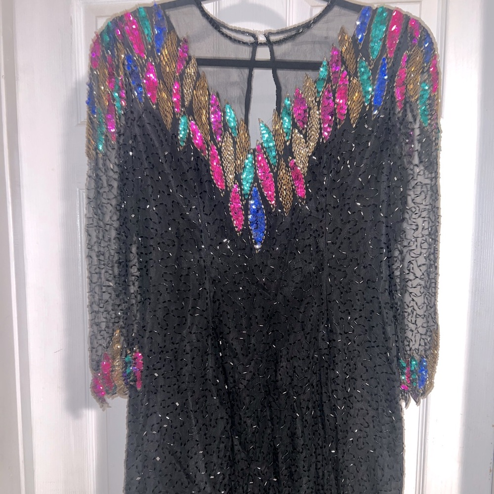 Beaded Evening Dress - Black & Multicolor Petal/Leaf Design